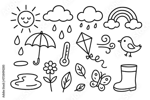 Spring Weather Doodles. Hand-drawn doodle illustration Spring weather sun, cloud, rain cloud, rainbow, umbrella, raindrop, wind swirl, thermometer, kite, bird,