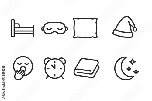 Midnight Sleep Icons. Outline icon set of midnight sleep and rest: bed, sleep mask, pillow, nightcap, yawning face, alarm clock, blanket, moon and stars. Line