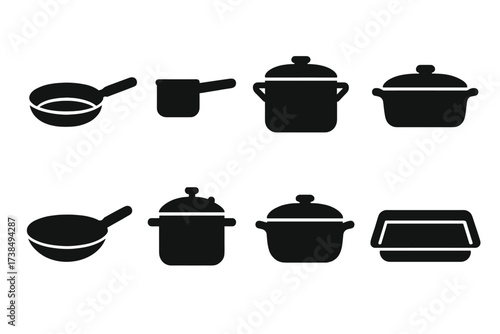 Black Kitchen Cookware Icons. Solid, filled icon set of kitchen cookware: frying pan, saucepan, stockpot, casserole dish, wok, pressure cooker, Dutch oven,
