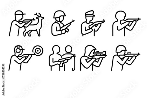 Rifle Icon Scenarios. Outline icon set of rifle usage scenarios: hunting, military, law enforcement, sport shooting, training, sniper operation, patrol, close