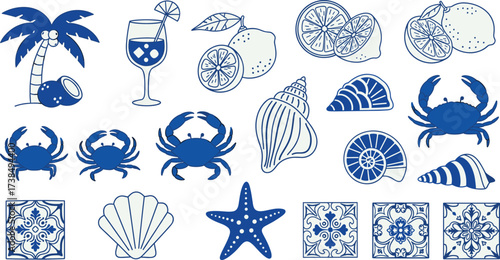 Tropical beach vacation icons with palm tree, cocktail, citrus fruits, crabs, seashells, starfish, scallop, and decorative tiles vector set