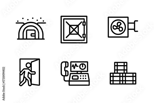 Bunker Icon Set. Outline icon set of bunker: underground shelter, blast door, ventilation system, security camera, emergency exit, communication panel, control