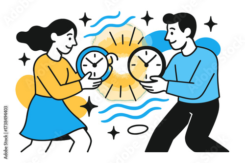 Eternal Time Together. Timeless union. A couple holding glowing clocks that merge into one light, abstract floating stars and waves symbolizing eternal time