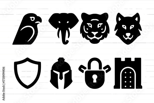 Guardian Animal Icons. Solid, filled icon set of guardian animals and symbols: falcon, elephant, tiger, wolf pack, shield, armor helmet, chained lock, fortress