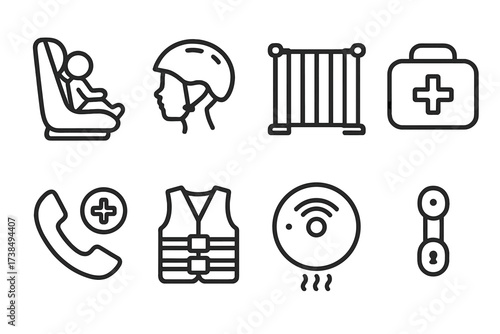 Mother-Child Safety Icons. Outline icon set of mother and child safety: car seat, helmet, baby gate, first aid kit, emergency phone, life jacket, smoke