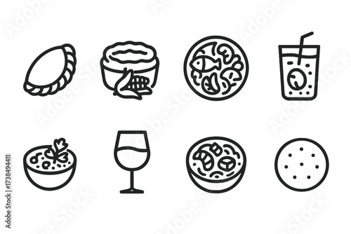 Chilean Cuisine Icons. Outline icon set of Chilean cuisine: empanada, pastel de choclo, seafood platter, mote con huesillo, pebre sauce, Chilean wine glass,