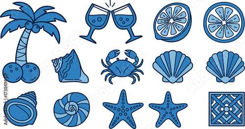 Stylized beach icons with crab, shells, palm tree, citrus slices, wine glasses, starfish, ocean elements, tropical summer vector set