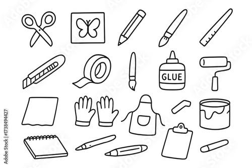 Craft Tools Doodle. Hand-drawn doodle illustration craft stencil scissors, stencil sheet, pencil, ruler, cutting knife, masking tape, paintbrush, glue, paper,
