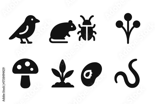 Seed Pests Icons. Solid, filled icon set of seed-related pests: bird, rodent, insect, mold, fungus, weed, seed predator, nematode. [Line icons in only black
