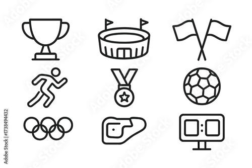 International Sports Icons. Outline icon set of international sports: trophy, stadium, flags, athlete, medal, soccer ball, Olympic rings, scoreboard. Line