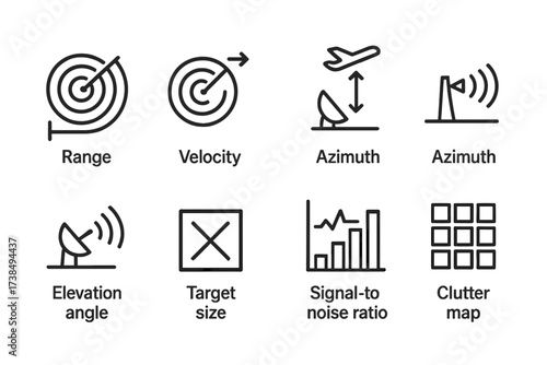 Radar Data Icons. Outline icon set of radar data types: range data, velocity data, altitude data, azimuth data, elevation angle, target size, signal to noise