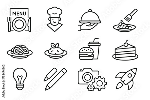 Black Icon Set. Outline icon set of serving size in restaurants: menu plate, chef?s recommendation, portion control, tasting size, large serving, side dish,
