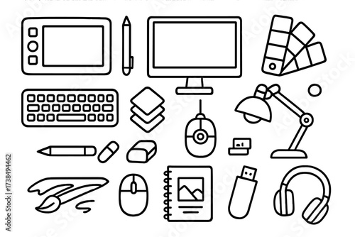 Digital Art Tools. Hand-drawn doodle illustration digital art studio graphics tablet, stylus, computer monitor, keyboard, mouse, color palette, layers icon,