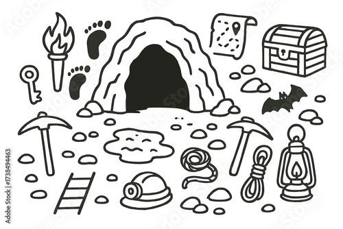 Hidden Cave Adventure. Hand-drawn doodle illustration hidden cave cave entrance, torch, treasure chest, footprints, key, map, rocks, shadow, pickaxe, rope,