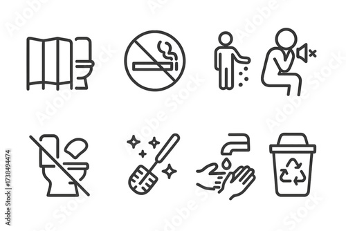 Toilet Etiquette Icons. Outline icon set of toilet usage etiquette: privacy screen, no smoking, no littering, quiet zone, do not flush, keep clean, hand wash