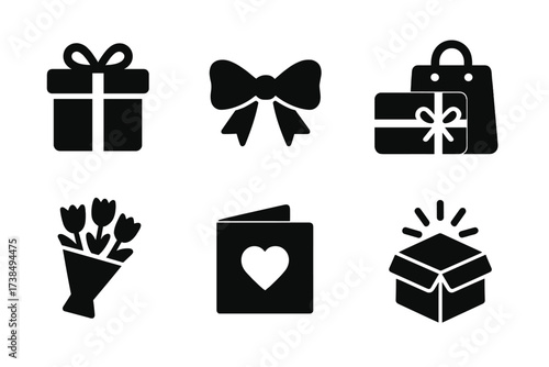 Gift Icons Grid. Solid, filled icon set of gift offers: wrapped present, ribbon bow, gift card, shopping bag, flower bouquet, greeting card, surprise box,