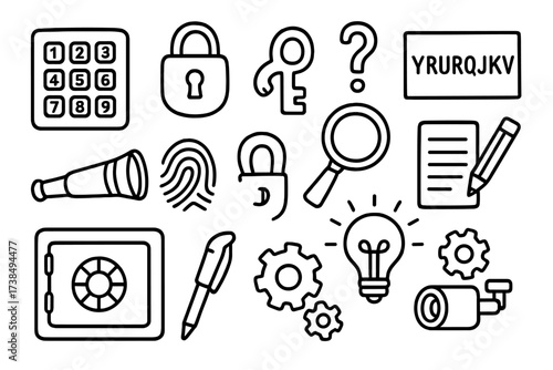 Secret Code Doodle. Hand-drawn doodle illustration secret code keypad, numbers, lock, key, encrypted message, magnifying glass, paper, pencil, spyglass,