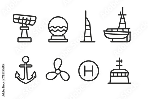Warship Equipment Icons. Outline icon set of warship equipment: radar antenna, sonar dome, communications mast, lifeboat, anchor, propeller, helicopter pad,