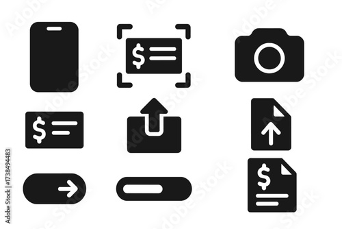 Mobile Deposit Icons. Solid, filled icon set of mobile deposit tools: smartphone icon, scanning check, front camera icon, check image, upload document, submit