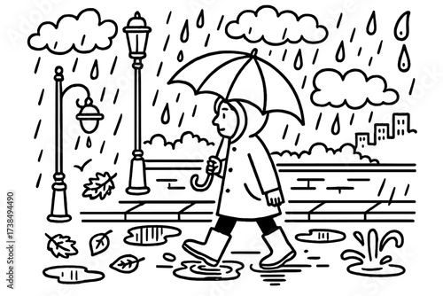 Rainy Day Stroll. Hand-drawn doodle illustration Reflective walk in the rain person with umbrella, puddles, raindrops, rain boots, wet leaves, raincoat,