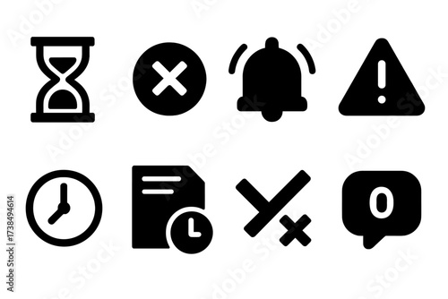 Delayed Payment Icon Set. Solid, filled icon set of delayed payment: hourglass timer, canceled transaction, alarm icon, warning triangle, stopped clock, late