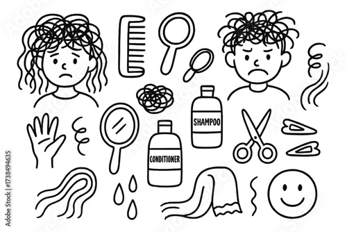 Kids Hair Chaos. Hand-drawn doodle illustration Kids with tangled hair tangled hair, comb, hairbrush, hair tie, frustration face, mirror, shampoo bottle,