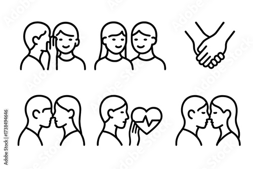 Intimate Icon Set. Outline icon set of intimate moments: whispered words, secret smile, hand clasp, eye contact, close proximity, soft touch, heart pulse,