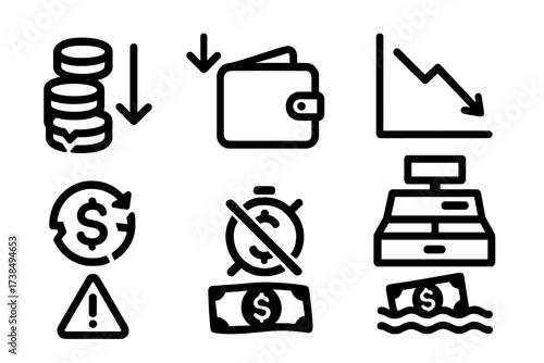 Revenue Loss Icons. Solid, filled icon set of loss of revenue: downward coins, falling wallet, broken cash flow, declining chart, empty cash register, warning
