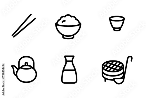 Japanese Utensil Icons. Outline icon set of Japanese cuisine utensils: chopsticks, rice bowl, sake cup, teapot, soy sauce bottle, bamboo steamer, grill, ladle.