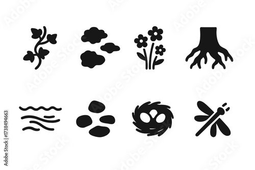 Bridge Nature Icons. Solid, filled icon set of old bridge natural elements: creeping ivy, moss patches, wildflowers, tree roots, flowing water, scattered
