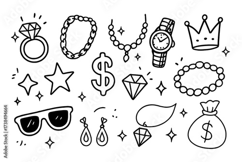 Jewelry and Accessories Icons. Hand-drawn doodle illustration bling diamond ring, gold chain, sparkling necklace, watch, crown, dollar sign, star, gem,