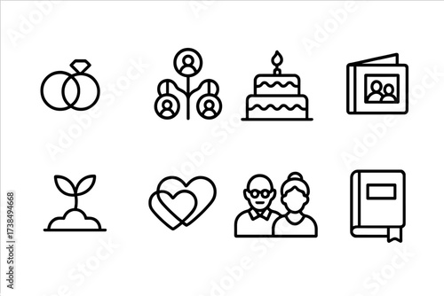 Lifelong Devotion Icons. Outline icon set of lifelong devotion: wedding rings, family tree, anniversary cake, photo album, growing plant, intertwined hearts,