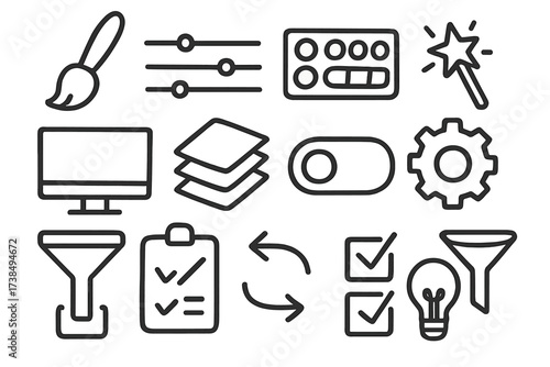 Creative Doodle Tools. Hand-drawn doodle illustration filter preset paintbrush, sliders, color palette, magic wand, computer screen, layers panel, toggle