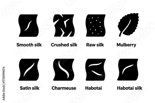 Silk Textures Icon Grid. Solid, filled icon set of silk textures: smooth silk, crushed silk, raw silk, mulberry silk, tussah silk, satin silk, charmeuse silk,