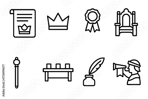 Barony Symbols Icons. Outline icon set of barony governance: royal decree, crown, seal, throne, scepter, council table, quill and ink, herald. Line icons in