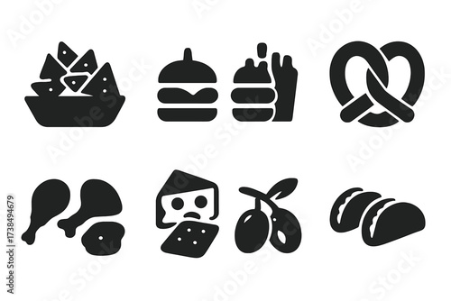 Black Food Icons. Solid, filled icon set of happy hour food pairings: nachos, sliders, wings, fries, pretzel, cheese platter, olives, mini tacos. Solid, filled