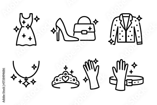 Glitter Fashion Icons. Outline icon set of glitter fashion: sparkling dress, glitter shoes, shiny handbag, sequin jacket, glittery necklace, tiara, glitter