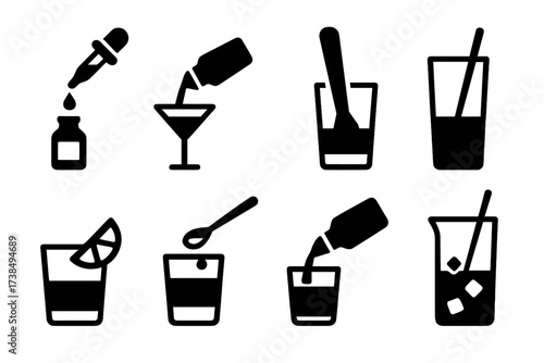 Bitters Serving Icons. Solid, filled icon set of bitters serving styles: dropper use, cocktail pour, muddling, stirring, garnishing, layering, neat pour,