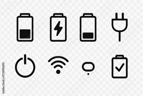 Charging Icon Set. Outline icon set of charging indicators: battery full, battery charging, battery low, charging plug, power on, wireless signal,
