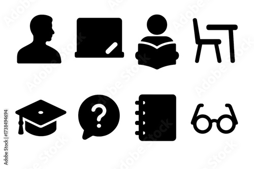 Teaching Icons Set. Solid, filled icon set of teaching and learning: teacher silhouette, blackboard with chalk, student with book, classroom desk, graduation