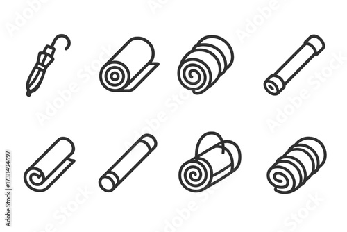 Rolled Accessories Icons. Outline icon set of rolled accessories: rolled-up umbrella, rolled-up yoga mat, rolled sleeping bag, rolled scroll case, rolled
