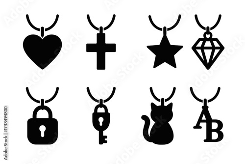 Black Pendant Icons. Solid, filled icon set of necklace pendants: heart, cross, star, gemstone, lock, key, animal, initials. Solid, filled icons in only black