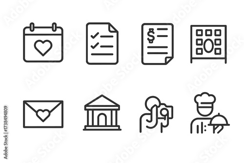 Wedding Planning Icons. Outline icon set of wedding planning: calendar, checklist, budget, seating chart, invitation envelope, venue, photographer, caterer.