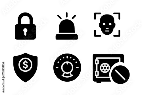 Money Protection Icons. Solid, filled icon set of money protection: padlock, alarm system, vault door, biometric access, anti-fraud icon, safe combination,