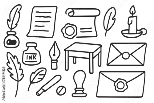 Medieval Writing Tools. Hand-drawn doodle illustration medieval writing quill pen, ink bottle, parchment, wax seal, scroll, feather, candle, inkwell,
