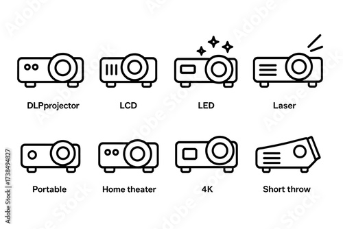 Projector Icon Set. Outline icon set of projector types: DLP projector, LCD projector, LED projector, laser projector, portable projector, home theater