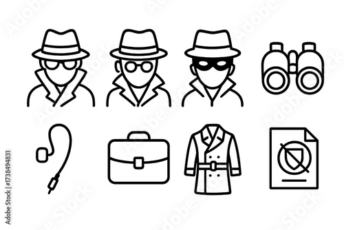 Secret Agent Icons. Outline icon set of secret agents: spy, detective, masked figure, binoculars, earpiece, briefcase, trench coat, secret documents. [Line