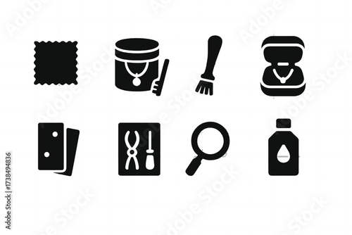 Necklace Care Tools Icons. Solid, filled icon set of necklace care tools: polishing cloth, jewelry cleaner, soft brush, storage case, anti-tarnish strips,