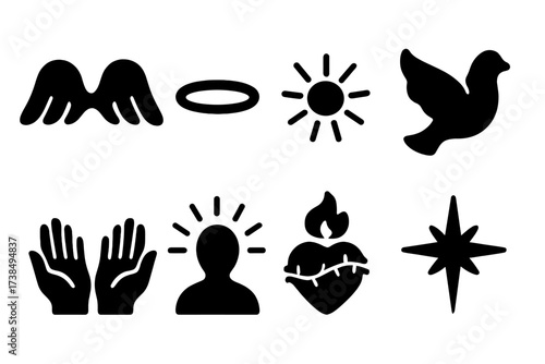 Spiritual Icons Grid. Solid, filled icon set of spiritual blessings: angel wings, halo, light rays, dove, open hands, aura glow, sacred heart, shining star.