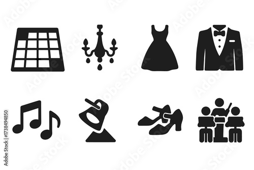 Ballroom Icon Set. Solid, filled icon set of ballroom elements: dance floor, chandelier, ballroom dress, tuxedo, music notes, spotlight, dance shoes,